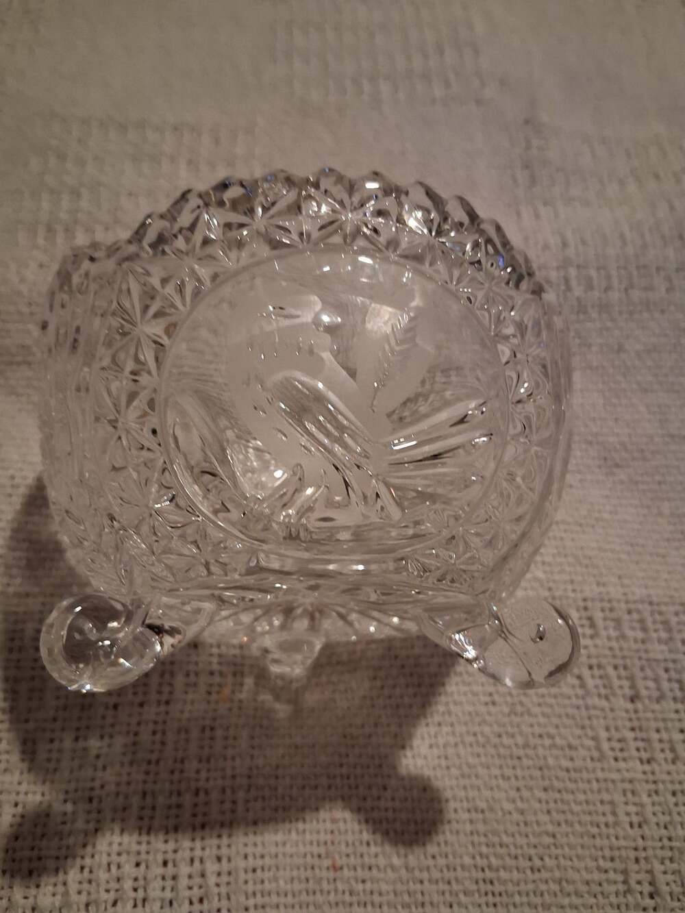 Vintage Cut Crystal Footed Salt Cellar with Etched Bird
